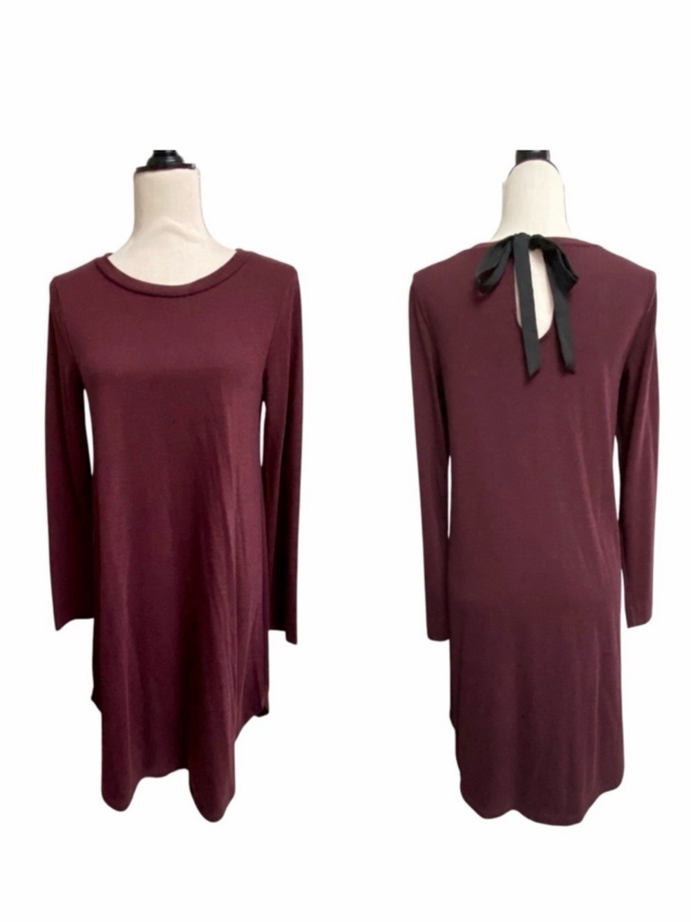 LOFT Burgundy Knit Bow Back Long Sleeve Sweater Dress Shift Small